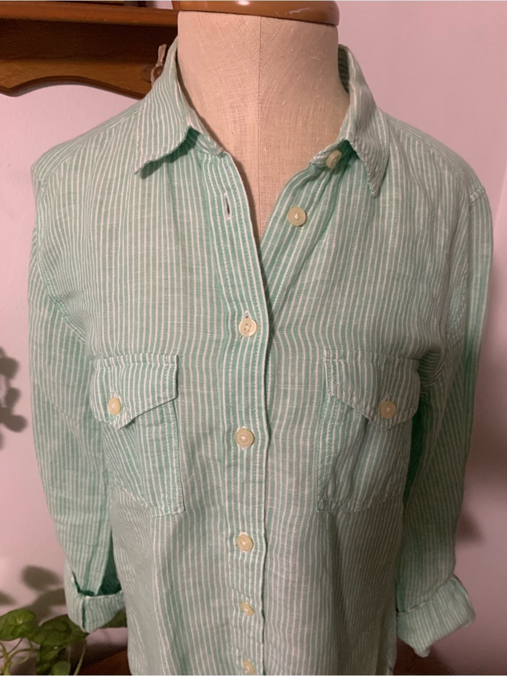 Banana Republic Soft Wash Linen Cotton Mint Green and White Pinstripe Shirt M - Picture 9 of 16
